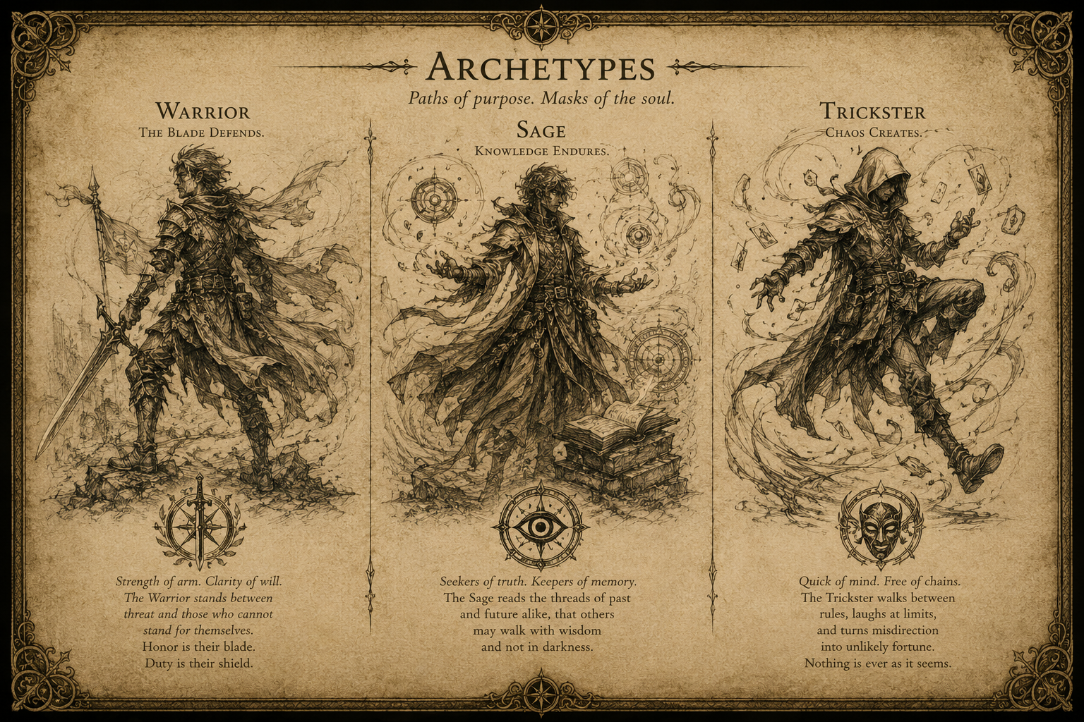 Explorer's scrollwork presenting the Warrior, Sage, and Trickster Archetypes.