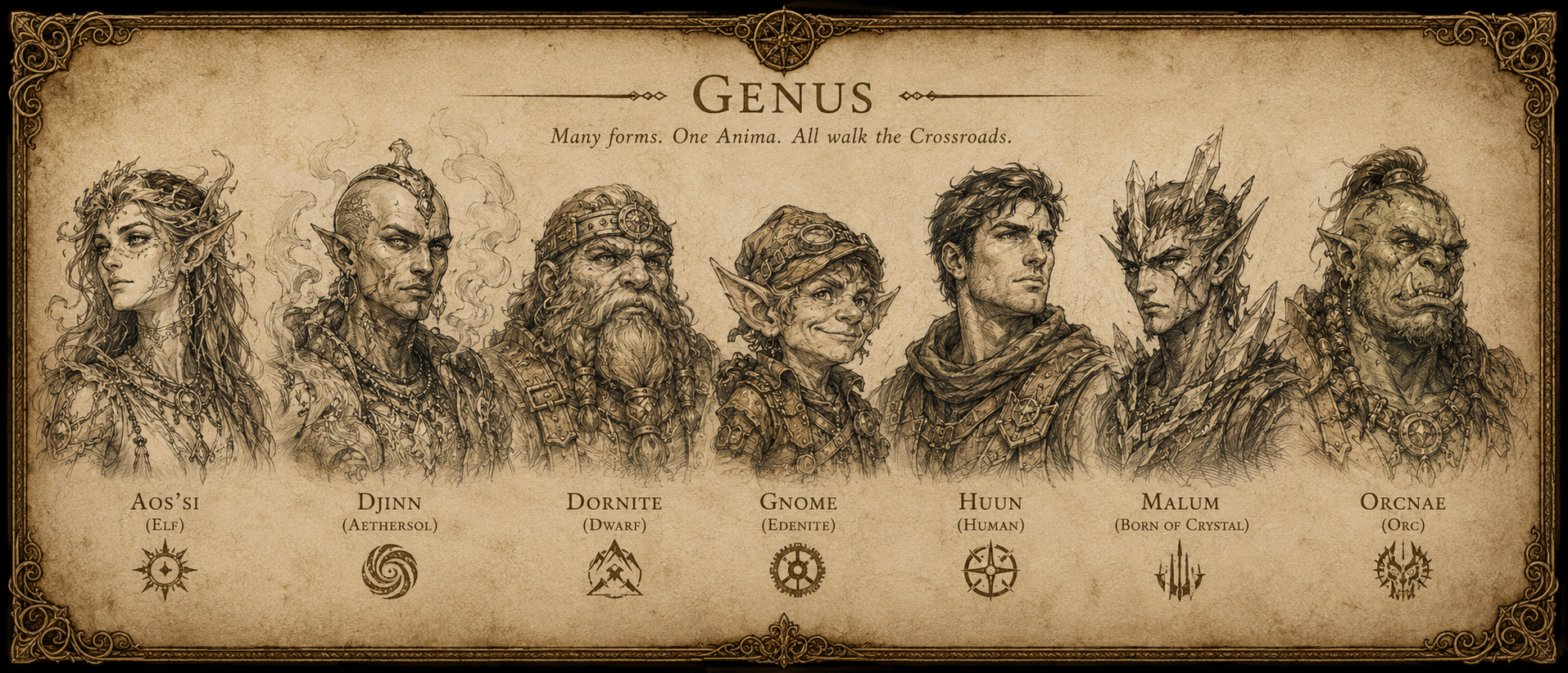 Explorer's scrollwork comparing the playable Genus of The Infinite Crossroads.