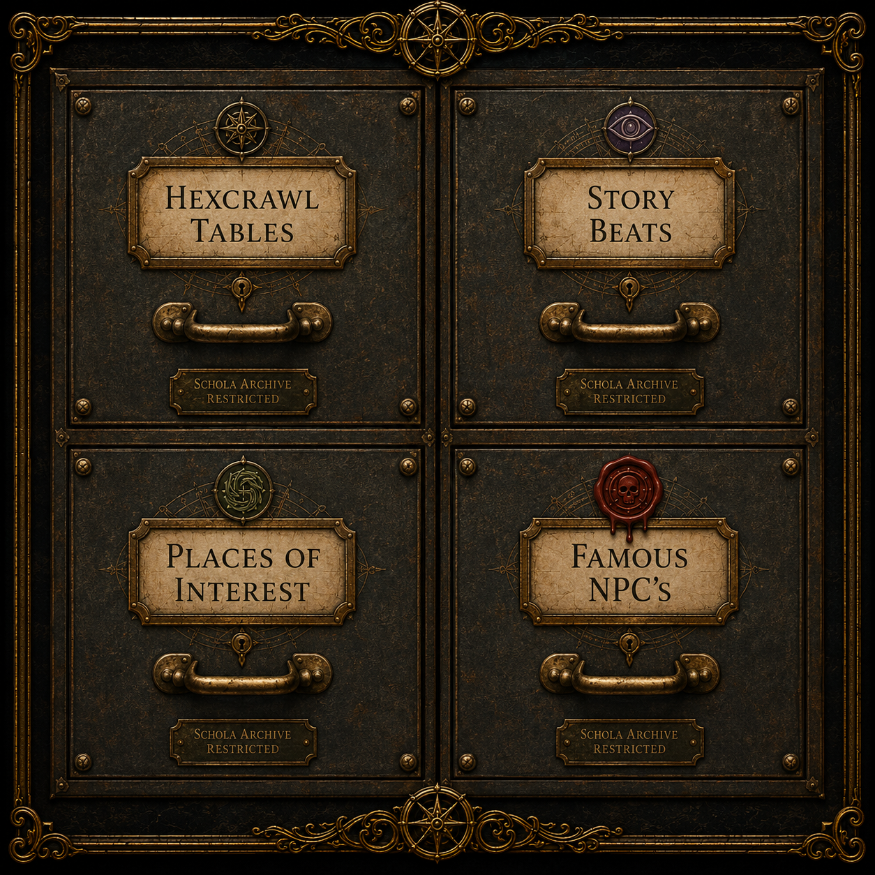 Four ornate restricted archive drawers labelled Hexcrawl Tables, Story Beats, Places of Interest, and Famous NPCs.