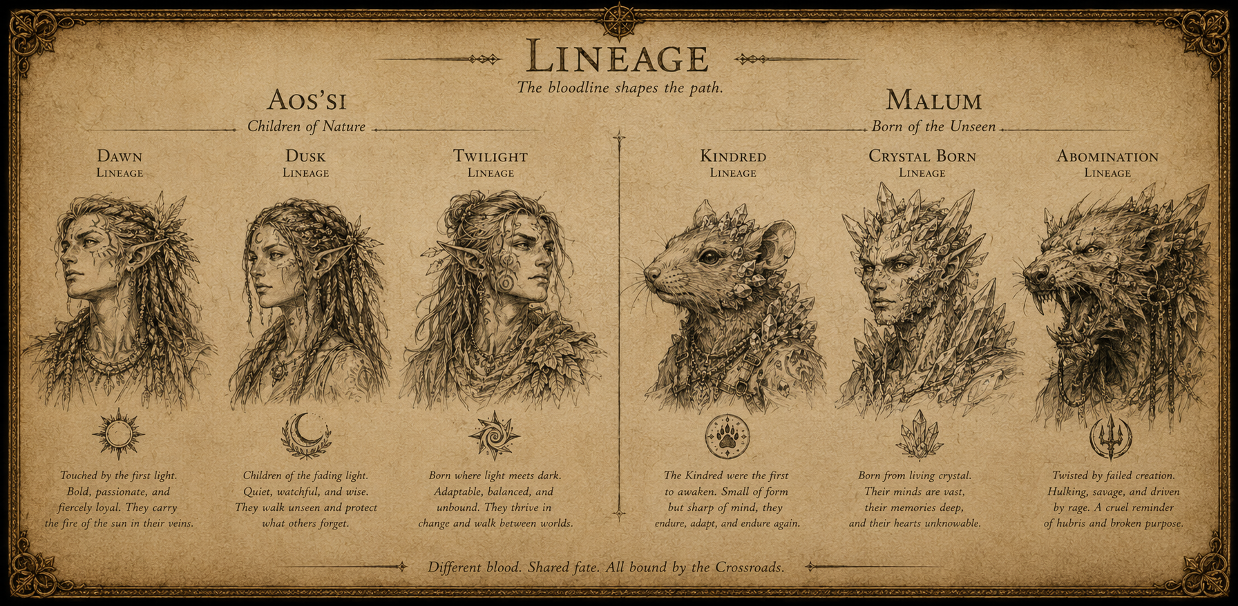 Explorer's scrollwork comparing Aos'si and Malum Lineages.