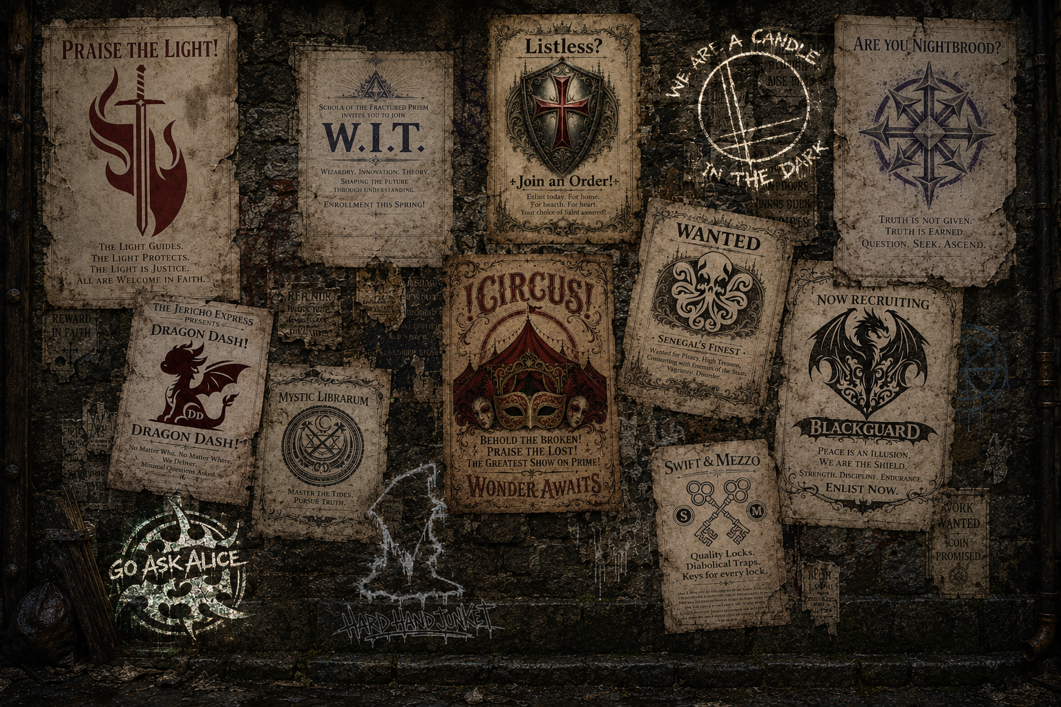 A crowded stone city wall covered with faction posters, advertisements, wanted notices, and criminal graffiti.