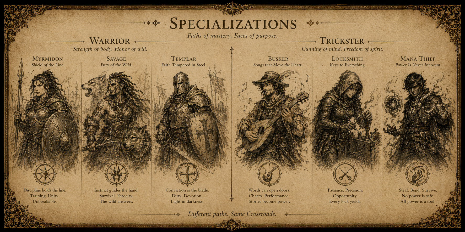 Explorer's scrollwork presenting six example Specializations.