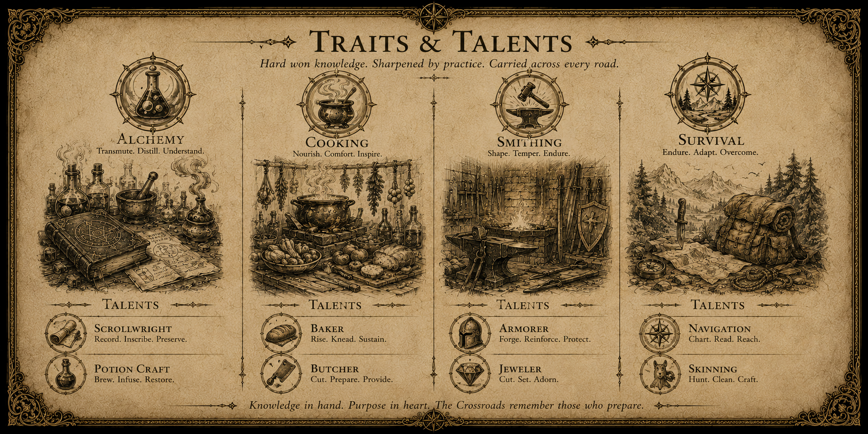 Explorer's scrollwork showing Skills and example Talents.
